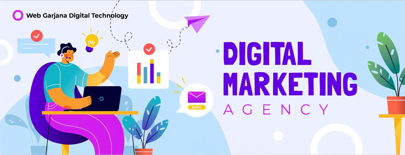 Illustration of a person using a laptop with charts and email icons, representing digital marketing services by Web Garjana Digital Technology Pune.